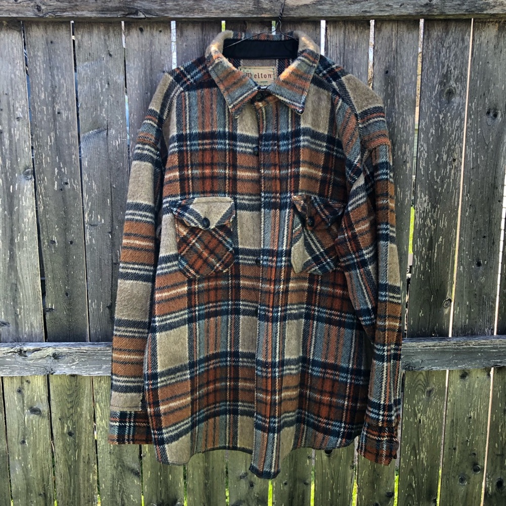 Vintage melton outerwear Plaid Wool Shirt Jacket in Brown, Tan & Navy